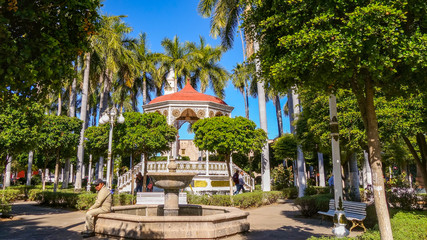 A gazebo and fountain in El Fuerte park, in the city of El Fuerte in Sinaloa state, Mexico