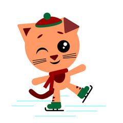 Cute cat is skating, dancing on ice. New year and Christmas card composition. Vector Illustration of Happy Cartoon Kitten. Cute Kawaii Funny Character.