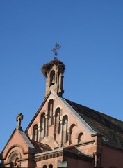 Nid cigogne Alsace sur église 