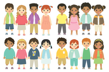 Children cartoon vector collection. Happy kids vector with different hairstyle, skin color and outfits. 