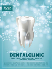 the concept of vector realistic illustration. Tooth on a blue green sparkling background. Professional teeth whitening ad design template.