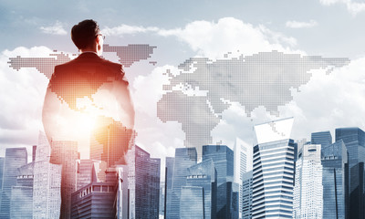 Concept of business success and control with confident boss against cityscape background