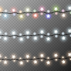 Christmas lights isolated realistic design elements. Glowing lights for Xmas Holiday cards, banners, posters, web design. Garlands decorations. Vector illustration.