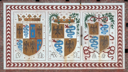 Coat of arms of the Visconti family. Sforza Castle XV century (Castello Sforzesco), Milan (Milano)...