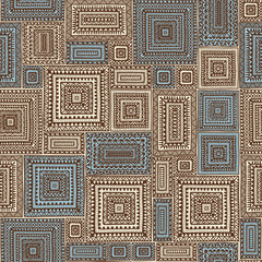 Seamless geometric patchwork pattern. Ethnic ornament, tribal motifs. Handmade, doodle. Blue and brown color. Vector illustration.