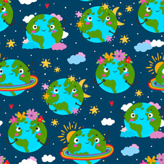World Earth day. Hand drawn cute planet Earth in various conditions. Colored vector seamless pattern. Dark background