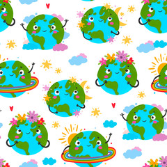 World Earth day. Hand drawn cute planet Earth in various conditions. Colored vector seamless pattern