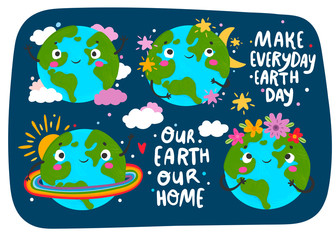 World Earth day. Hand drawn cute planet Earth in various conditions. Colored vector set. Dark background. All elements are isolated