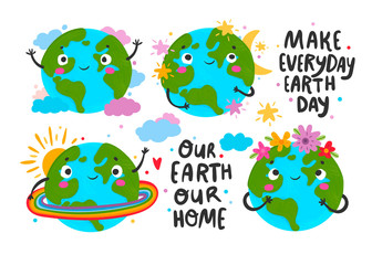 World Earth day. Hand drawn cute planet Earth in various conditions. Colored vector set. All elements are isolated