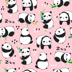 Kawaii panda bears. Cute pandas in various poses. Hand drawn colored vector seamless pattern. Pink background