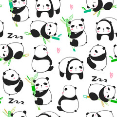Kawaii panda bears. Cute pandas in various poses. Hand drawn colored vector seamless pattern © Dariia