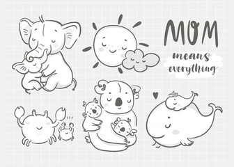 Happy mothers day! Mom means everything. Cute various cartoon mothers with their kids. Hand drawn vector set. All elements are isolated