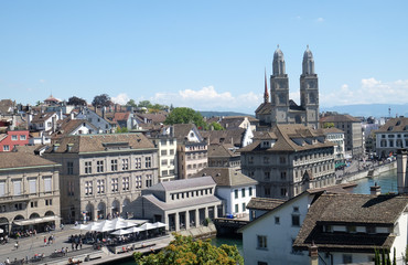 Obraz premium Panorama view of historic city center of Zurich with famous Grossmunster Church