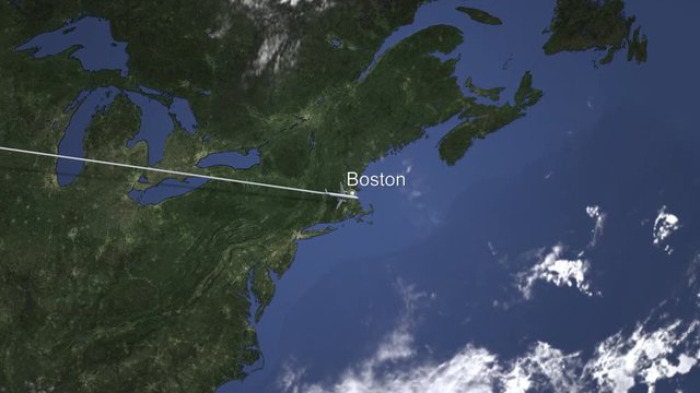Commercial airplane flying to Boston, United States from west. Intro 3D animation