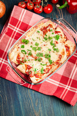 Traditional mexican enchiladas with chicken meat, spicy tomato s