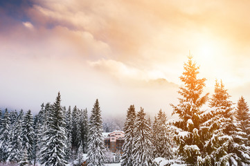 Fototapeta na wymiar Beautiful winter landscape at sunset in Dolomite Alps, Italy