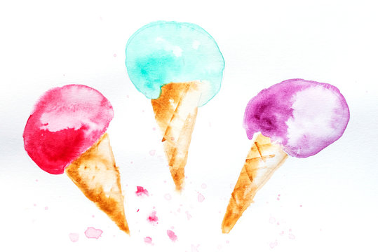 Set of three watercolor ice cream
