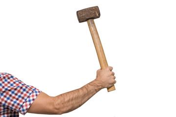 Old sledgehammer in a man's hand. White background. Isolated