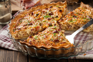 Homemade quiche lorraine with bacon and cheese