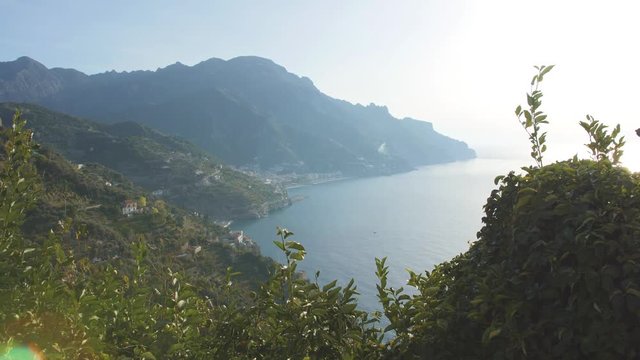 Amalfi hilly coast and blue morning sea bay from the mountain. Italy