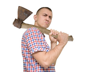 Disgruntled man with an ax on his shoulder. White background. Isolate