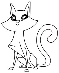 Funny line art illustration of cute cat sitting down while looking at camera against white background for copy space.