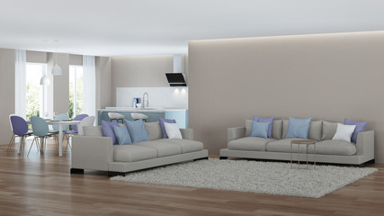 Modern house interior. Blue Kitchen. 3D rendering.