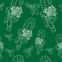 Candy cane, hand drawn line art,  seamless pattern, monochromatic ornament, white on green.