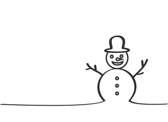 Christmas Snowman. Line drawing. Vector illustration on white background. New Year. Winter