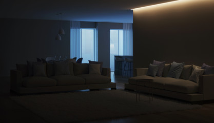 Modern house interior. Blue Kitchen. Night. Evening lighting. 3D rendering.
