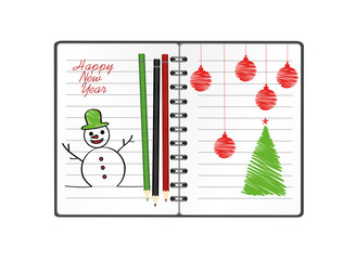 Notebook template with christmas snowman and ball and pencil. Vector on white background. Greeting card on holiday. A realistic notepad. Office stationery. For notes