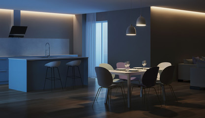 Modern house interior. Blue Kitchen. Night. Evening lighting. 3D rendering.