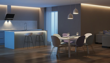 Modern house interior. Blue Kitchen. Night. Evening lighting. 3D rendering.