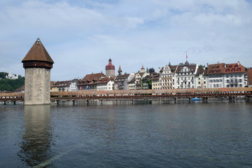 Historic city center of Lucerne with famous Chapel Bridge, the city's symbol and one of the Switzerland's main tourist attractions