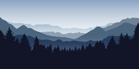 blue foggy mountain and forest nature landscape vector illustration EPS10