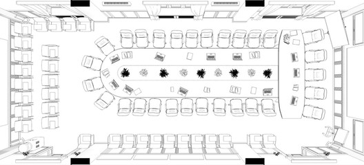 conference room, meeting room, contour visualization, 3D illustration, sketch, outline