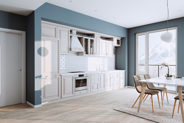 Beautiful Classic Kitchen in new Luxury Home with  Hardwood Floors, and Stainless Steel Appliances 3d render