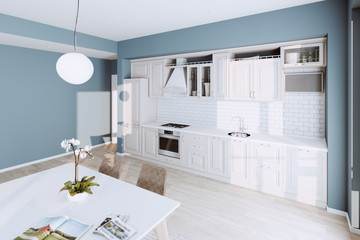 Beautiful Classic Kitchen in new Luxury Home with  Hardwood Floors, and Stainless Steel Appliances 3d render