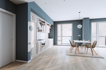 Fototapeta premium Beautiful Classic Kitchen in new Luxury Home with Hardwood Floors, and Stainless Steel Appliances 3d render