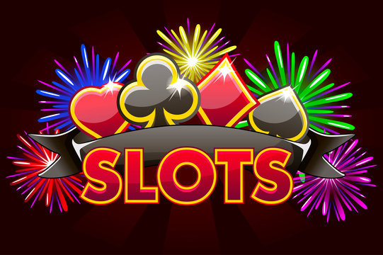Screen logo slots, banner on redbackground with icons, ribbon and fireworks, background game screensaver. Vector illustration