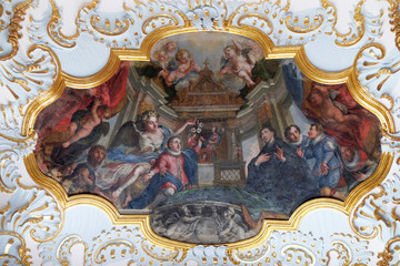 Saint Aloysius reciving the sacrament, fresco on the ceiling of the Jesuit church of St. Francis Xavier in Lucerne, Switzerland