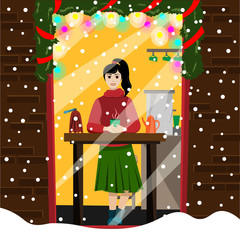 The girl has a hot mug of coffee in the window of an outdoor cafe. Illustration in flat style. © saroutlander