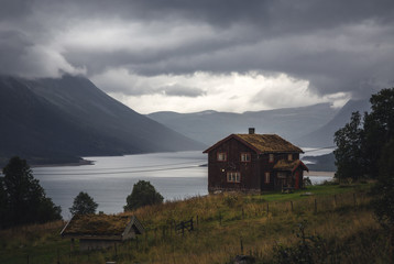 Small settlement above Gjevilvatnet lake in Trollheimen mountains, Norway.