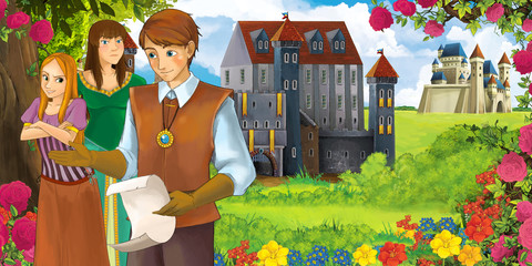 Cartoon nature scene with beautiful castles near the forest with beautiful young woman and prince - illustration for the children