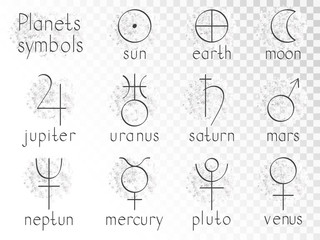 Vector set of astrological planets symbols. Hand drawn elements. 