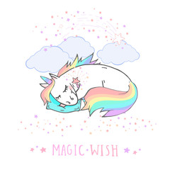 Vector illustration of hand drawn sleeping unicorn with magic wand and text - MAGIC WISH on withe background. Cartoon style. Colored.