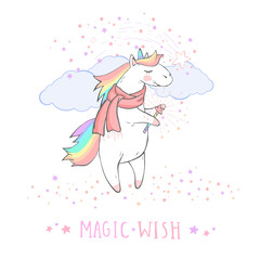 Vector illustration of hand drawn cute unicorn in scarf with magic wand and text  - MAGIC WISH on withe background. Cartoon style. Colored.