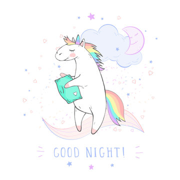 Vector illustration of hand drawn cute unicorn with pillow and text - GOOD NIGHT! On withe background. For you design.