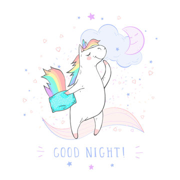 Vector illustration of hand drawn cute unicorn with pillow and text - GOOD NIGHT! On withe background. For you design.