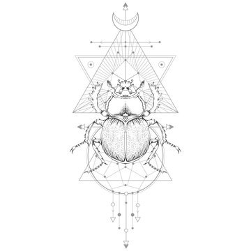 Vector illustration with hand drawn scarab and Sacred geometric symbol on white background. Abstract mystic sign. Black linear shape. For you design.